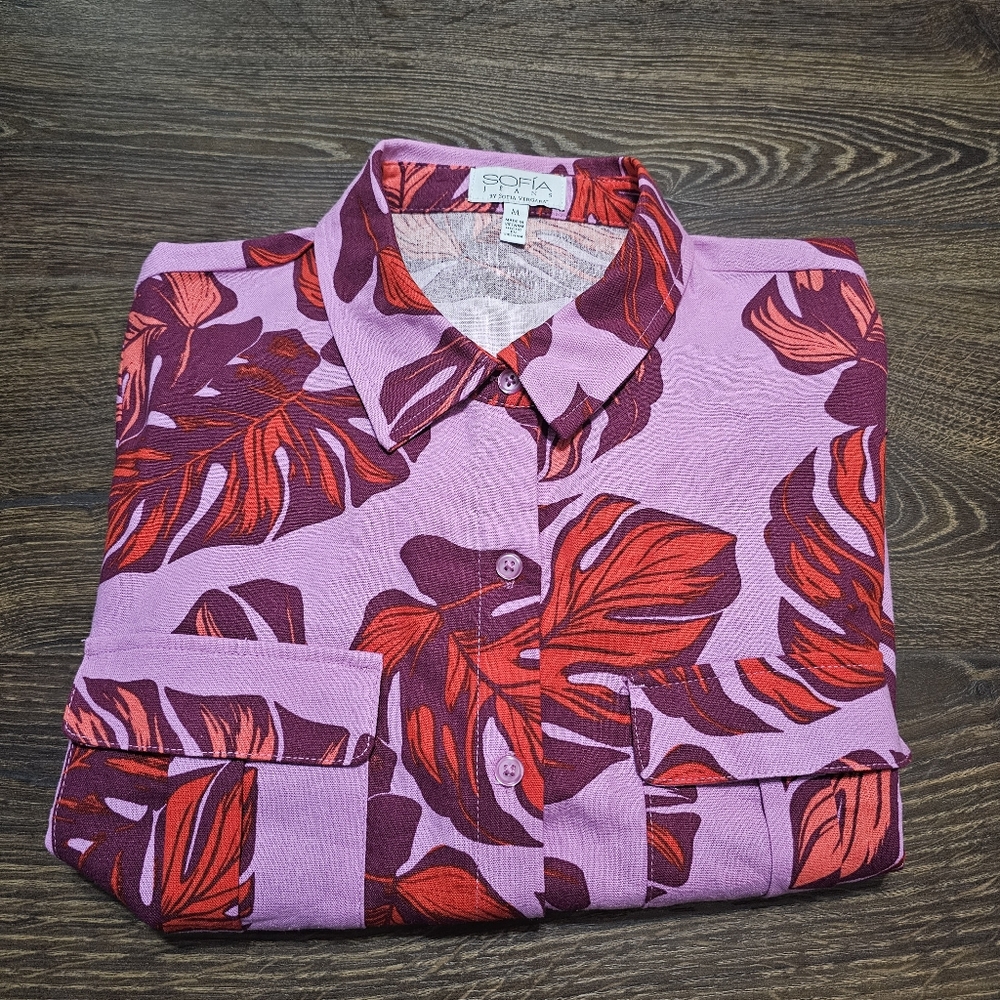 Sofia Jeans Linen Blend Tie Front Top NWT Womens Sz M Pink Floral Long Sleeves